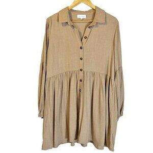 Lost + Wander Tan‎ Button Down Collared Peasant Tunic Top M Lagenlook Boho